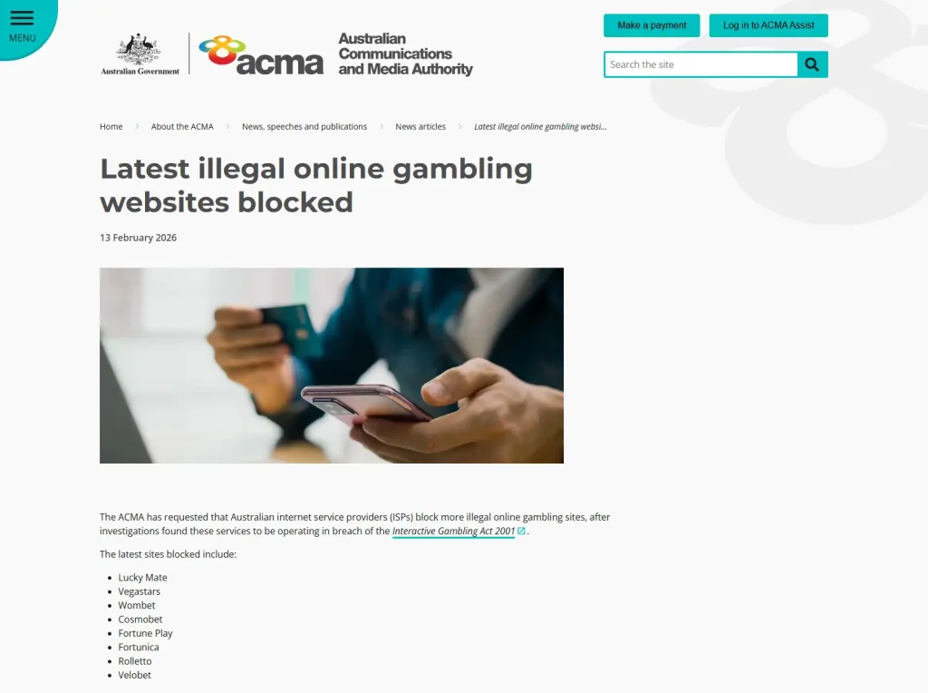 ACMA notice naming Fortune Play among online gambling sites requested for ISP blocking