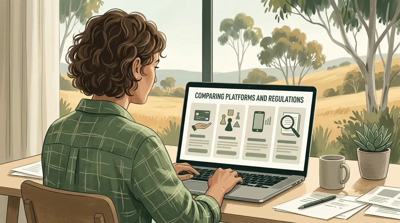 Conceptual illustration comparing casino features, payments and regulatory information on a laptop