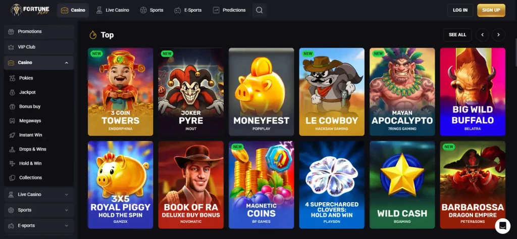 FortunePlay Australia casino lobby showing pokies and game category navigation