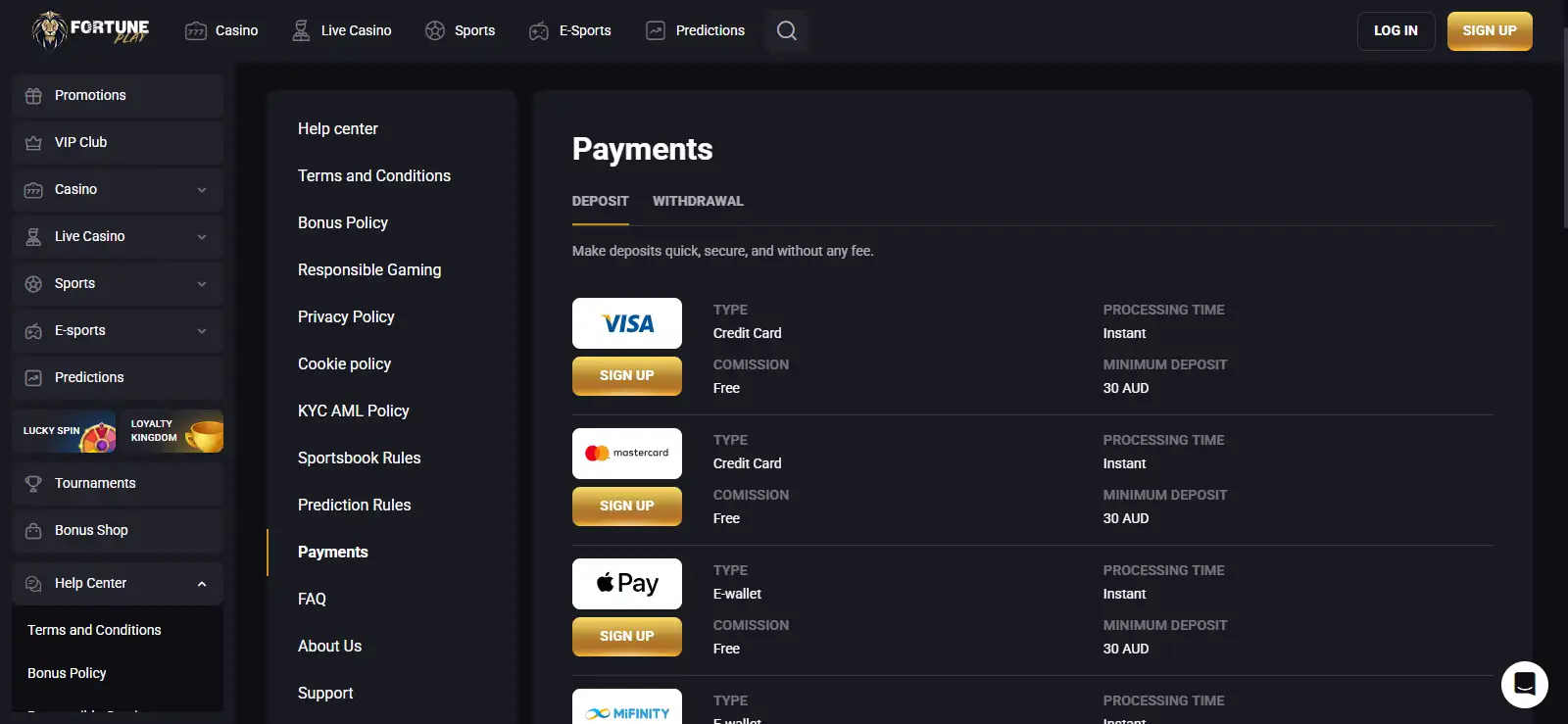 FortunePlay Australia payments table listing AUD deposit and withdrawal methods