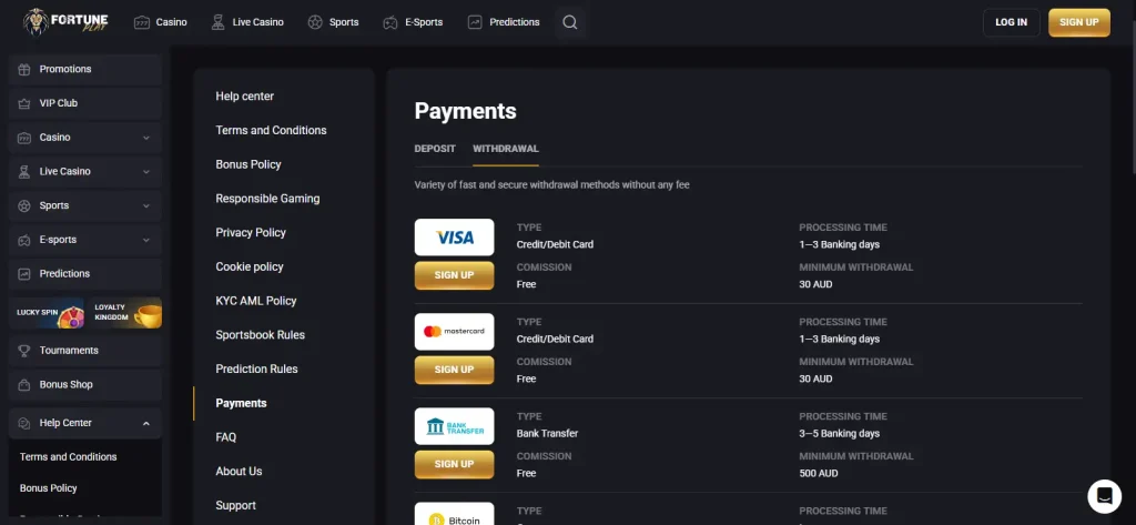 FortunePlay Australia withdrawal table with card, bank transfer and crypto methods