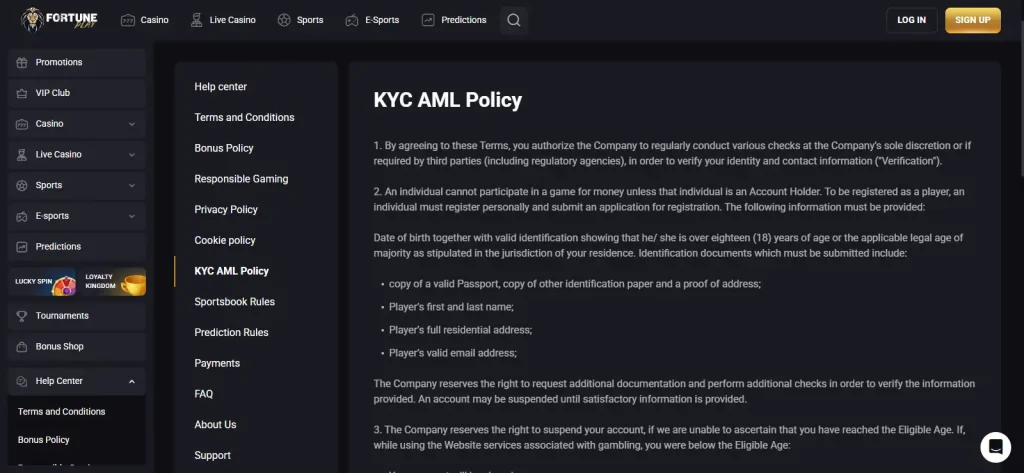 FortunePlay KYC and AML policy section describing identity verification requirements