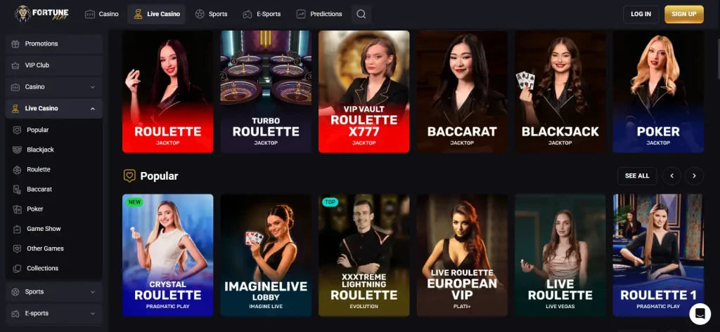 FortunePlay live casino interface showing dealer-game categories