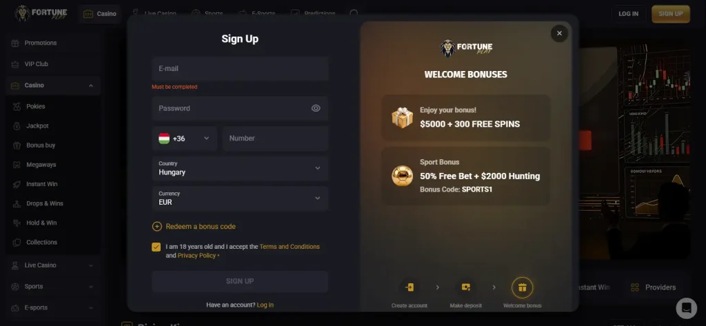 FortunePlay sign-up interface with empty personal account fields